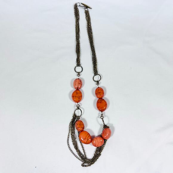 Red Jasper Glass Bead Necklace Multiple Metal Strands Jewelry 11" - Picture 4 of 7